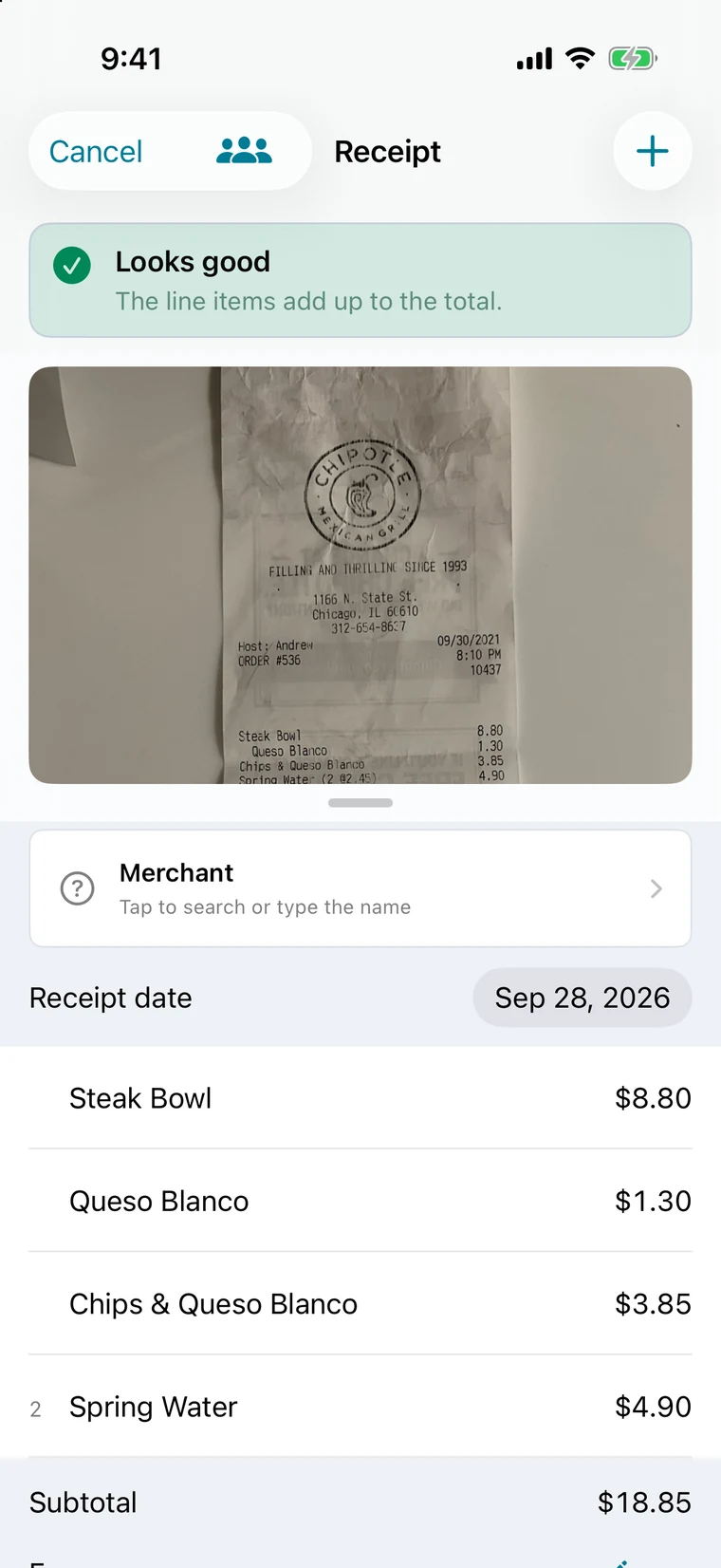 The review screen after a scan, reading “Looks good — the line items add up to the total,” above the receipt photo and the itemised list.