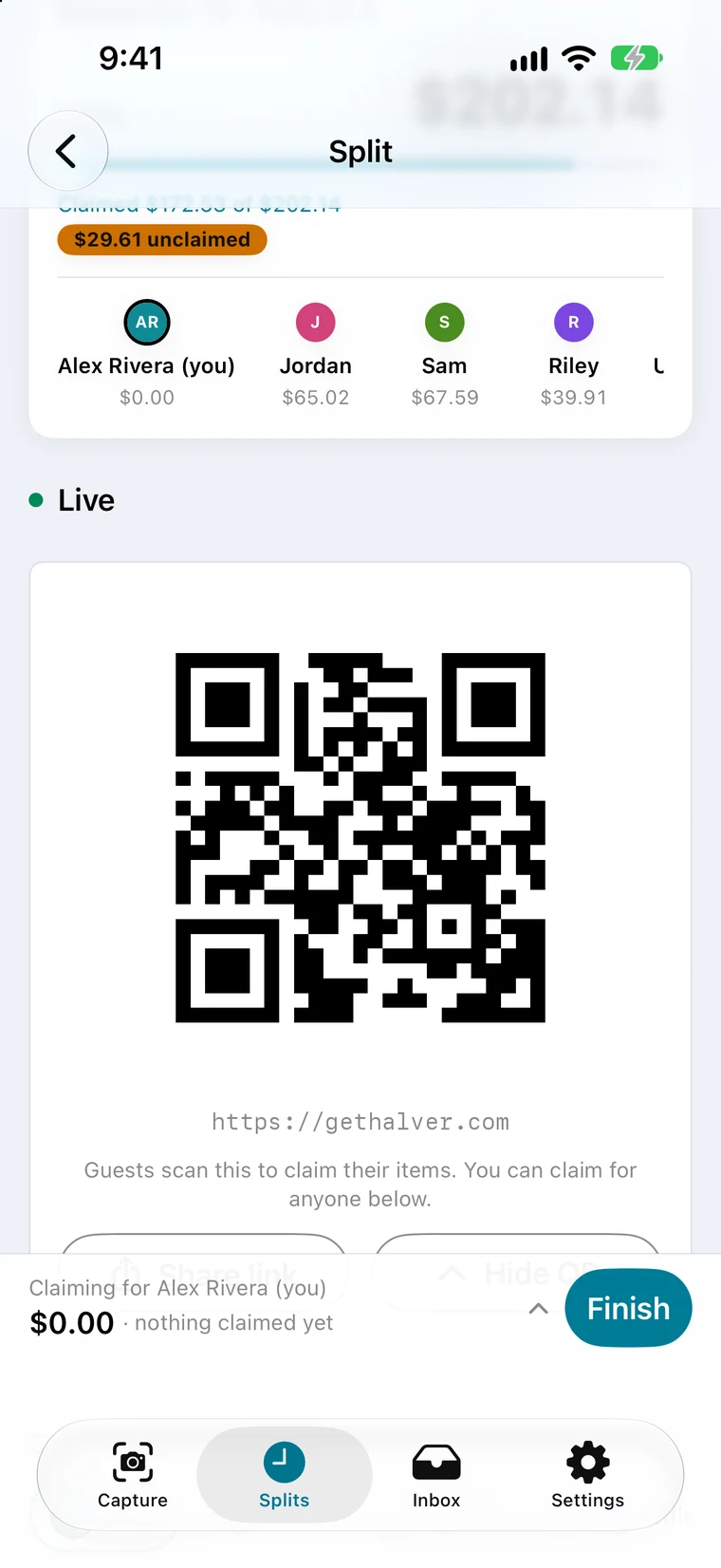 The host's split screen showing a QR code for guests to scan, above the line “Guests scan this to claim their items.”