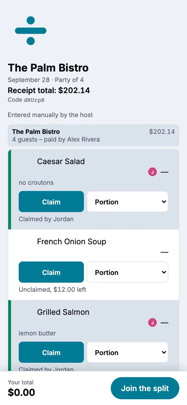 A guest's browser view of the check: each item with Claim and Portion buttons and who has claimed it, above their running total and a Join the split button.