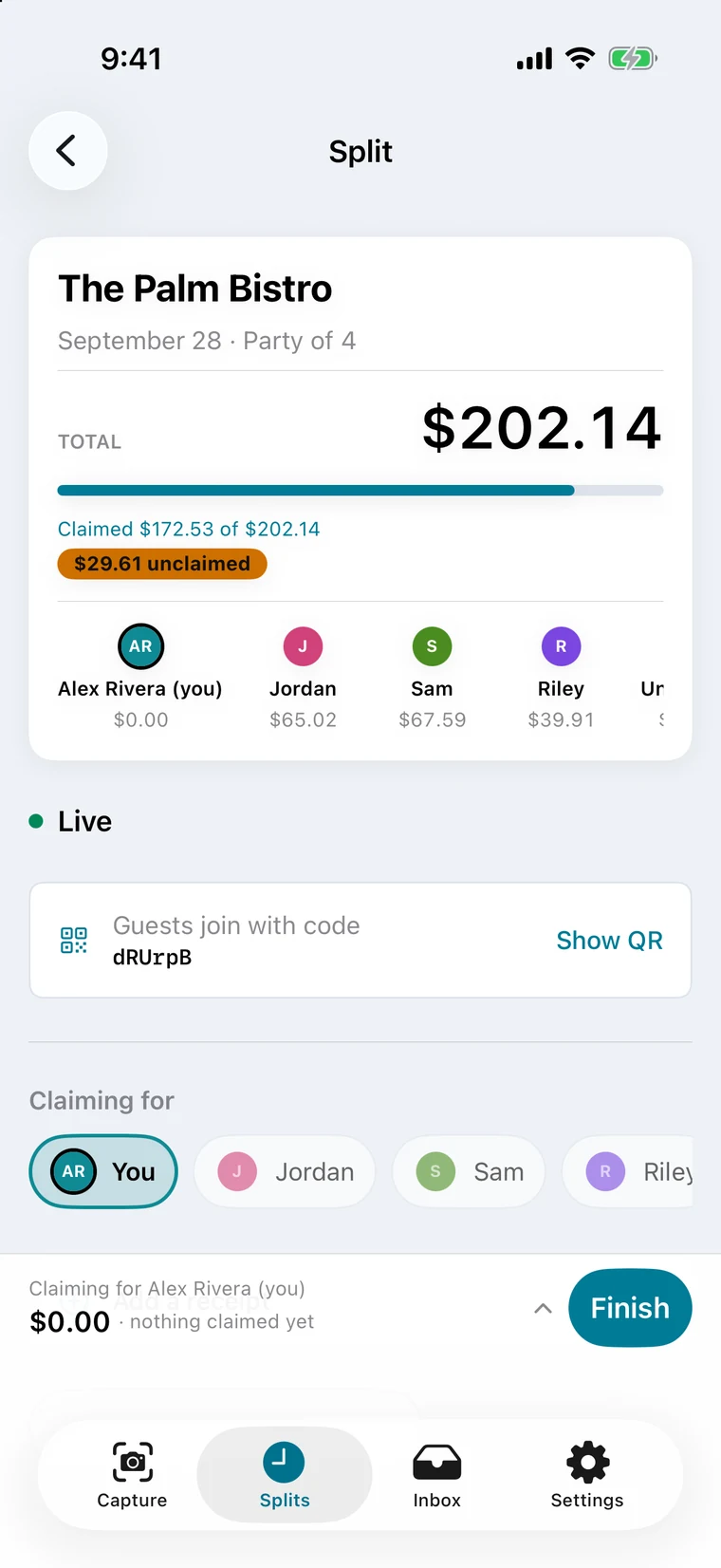 The host's split screen: the $202.14 total, how much has been claimed, $29.61 still unclaimed, and each person's share under their name.