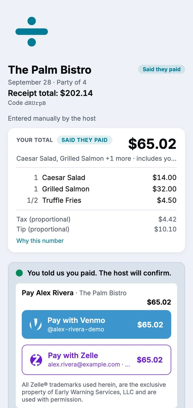 A guest's total with their items and a proportional share of tax and tip, above Pay with Venmo and Pay with Zelle buttons and the note “You told us you paid. The host will confirm.”