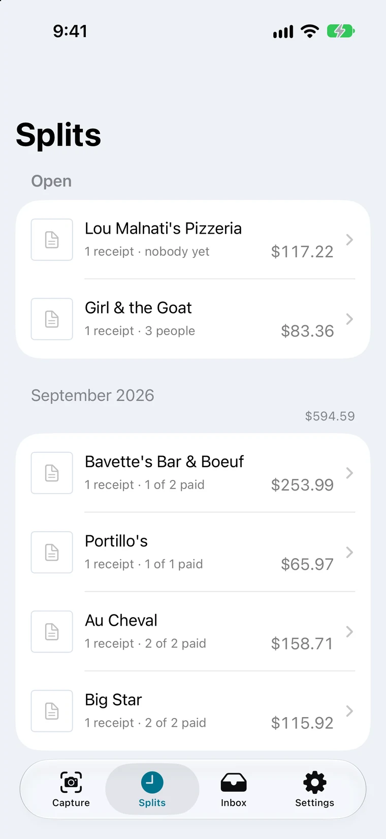 The Splits screen: two open splits at the top, then September's splits with the total for the month and how many people have paid on each row.